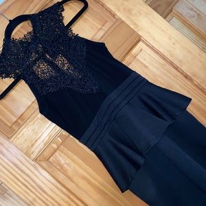 Lace Neck Open Back Peplum Dress TURN HEADS